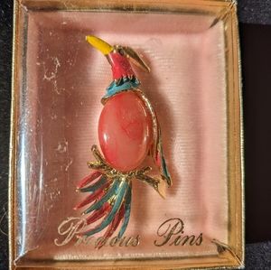 Precious Pins/Never Worn  Cabochon Blue & P.ink Exotic Bird Brooch